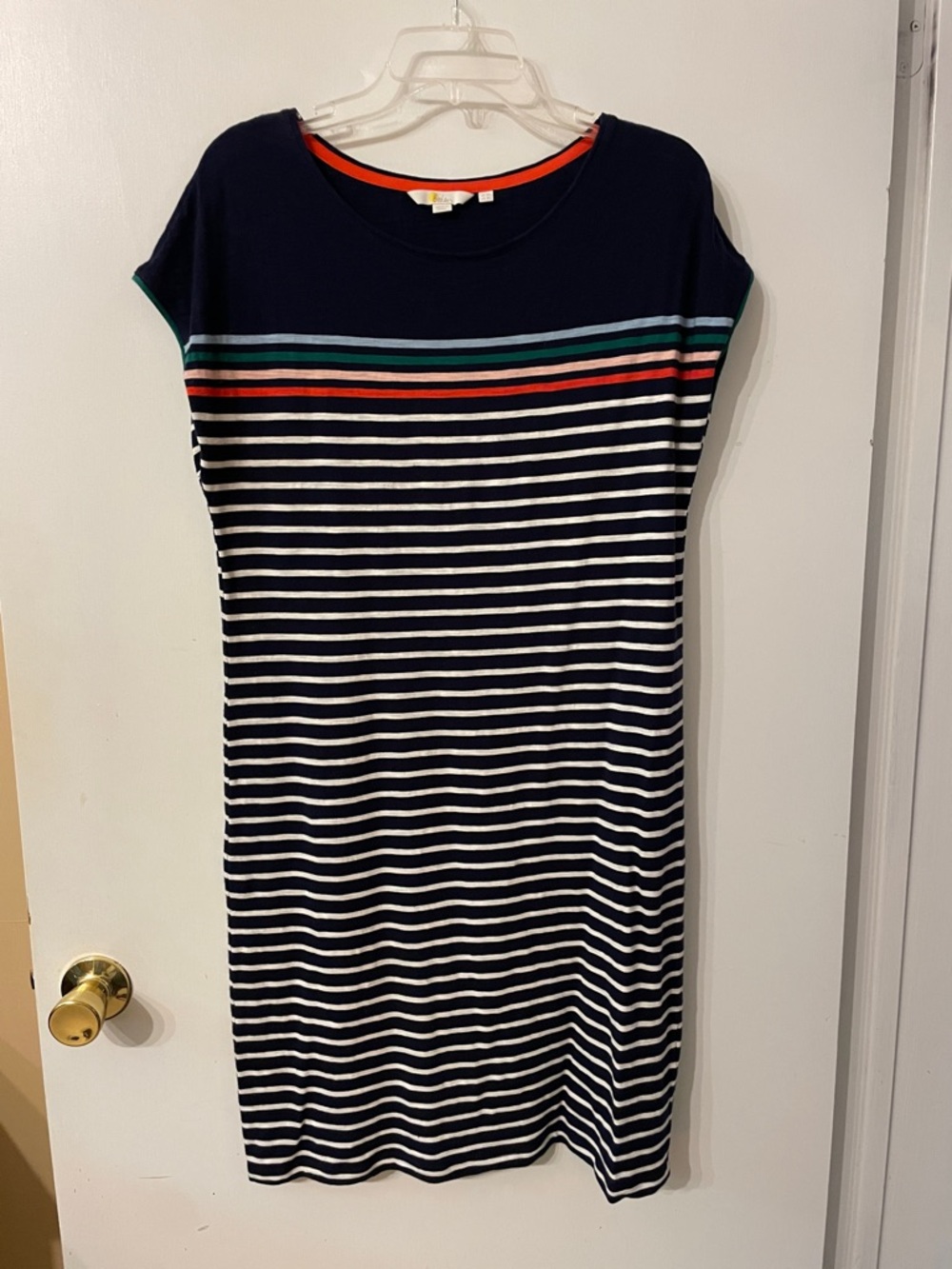 Boden Navy Striped Crewneck Shift Dress with Color Accent